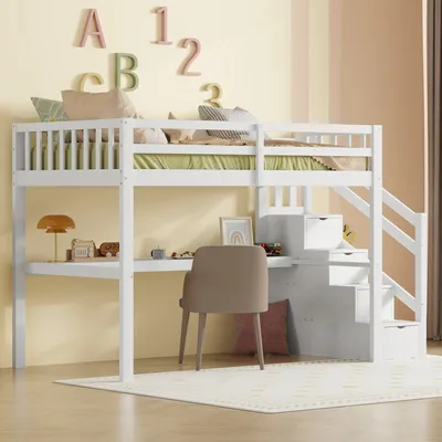 Produktbild von Odikalo Kinderbett Etagenbett Hochbett Leiter Stauraum Schreibtisch 90x200cm Weiß