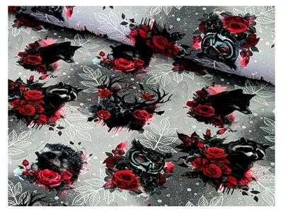 Produktbild von Baumwolljersey mit Eulenmuster, Wildtiere und Rosen auf Grau, Schwarz/Rot/Grau