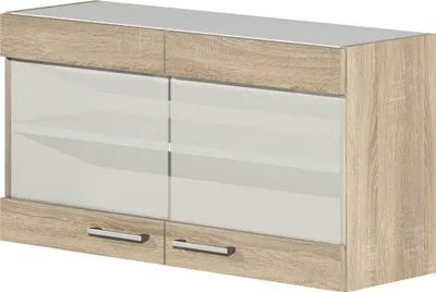 A modern wall-mounted cabinet with wood-effect framing and white glass doors.