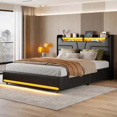 Zdjęcie produktu dla Łóżko tapicerowane 140x190 cm, czarne, dwuosobowe, z podświetleniem LED, stacją ładowania, półką na zagłówku, stelażem, tapicerowanym zagłówkiem i metalową ramą