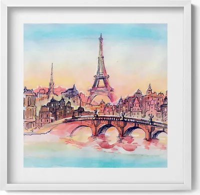 Produktbild von Gemalte Ansicht von Paris– Wandbild mit Rahmen – Gerahmtes Bild  – Wanddekoration – 50x50 cm –  Weiß Rahmen