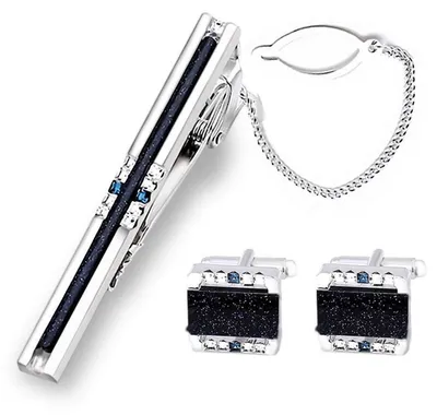 Image de Set de boutons de manchette et de pince à cravate "Galaxy Stone", bleu foncé, coffret cadeau pour hommes