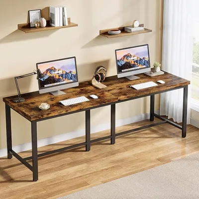 Imagen del producto de Escritorio, 200 x 60 cm. Escritorio de ordenador extra largo, escritorio doble, mesa de oficina para despacho, dormitorio, oficina en casa. Diseño industrial, estructura de metal, color marrón vintage
