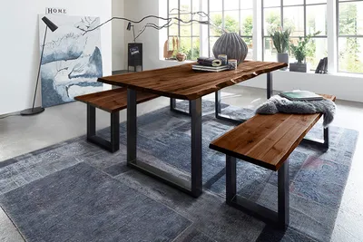 Produktbild von Essgruppe 160 cm Akazie nussbaumfarben U-Gestell schwarz mit 2 Bänken QUINN