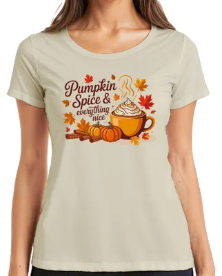 Productafbeelding van Pompoenkruidenlatte, pompoen, kaneel, herfst, koffie, gezellig, bladeren, dames T-shirt, natuur, maat XL