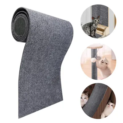 A rolled-up gray carpet mat with circular insets showing cats interacting with similar mats.