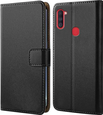 A black flip-style phone case for a Samsung Galaxy A11 is shown from two angles.