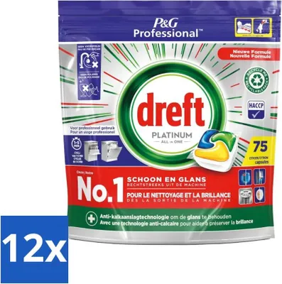 Produktbild von Dreft Professional Platinum All-In-One Spülmaschinenkapseln – Zitrone – Anti-Kalk – 75 Kapseln - Vorteilspack - 12 Stücke