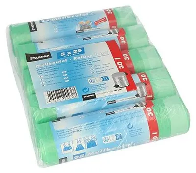 Produktbild von Papstar Müllbeutel zum Zuziehen, HDPE 30 l 62 cm x 55 cm grün, 5 x (5 x 25 Stück)