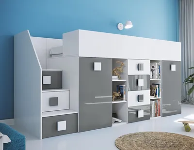 Produktbild von Hochbett Etagenbett weiß hochglanz mit Schreibtisch Schrank Regalen und Treppe links TELLY 3 weiß-grau
