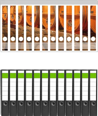 Produktbild von Wallario 12 Stück schmale Ordner inkl. Klebeetiketten mit Motive Weinkeller mit alten Holzfässern -  Set mit Rückenschildern / Ordnerrücken Stickern