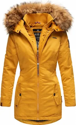 Produktbild von Marikoo Sanakoo Damen Winter Parka Mantel mit Kapuze Winterjacke Kunstfellkragen Wintermantel Gelb Gr. 36 - S