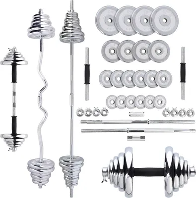 A collection of chrome-plated dumbbells and weight plates arranged on a white background.