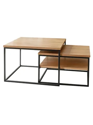 Produktbild von holz4home® Couchtisch 2er-Set aus hochwertigem Eichenholz I Eckiger Wohnzimmertisch im Industrial Style I Ohne Ablage I Holztisch Metallrahmen