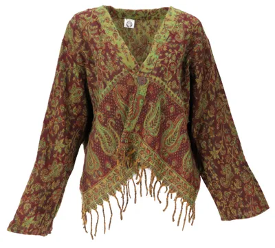 Produktbild von Bolero Jacke, Legeres Boho Jäckchen - Bordeaux/lemon, Damen, Rot, Polyacryl, Jacken, Mäntel & Ponchos