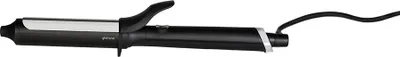 A professional studio shot of a black and silver curling iron against a white background.