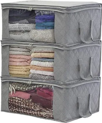Produktbild von 3 Stück faltbare Aufbewahrungstaschen-Organizer, großes, klares Fenster, Griffe, Kleiderschranktasche für Kleidung, Grau