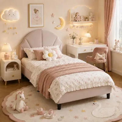 Produktbild von INONEFT Polsterbett 90×200 cm, Kinderbett mit muschelförmigem Kopfteil und Lattenrost, Einzelbett mit höhenverstellbarem Kopfteil, Samt, rosa, KI-generiertes Bild