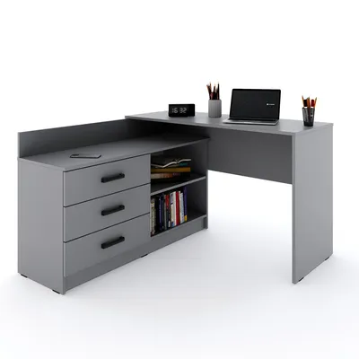 Produktbild von Marlux-Meble Schreibtisch mit Schubladen 3 und Regalen 2 | Eckschreibtisch Grau Matt | PC Schreibtisch L Form mit Stauraum (Omega Schreibtisch Holz 131x120x76 cm)