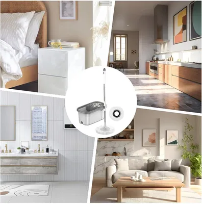 Produktbild von Reinigungsmopp-Eimer-Set | 360 Grad drehbarer Mop-Kopf | Haushaltsreinigungswerkzeug mit 2 Ersatzköpfen für Wohnzimmer, Küche und Badezimmer