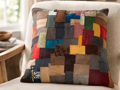 Produktbild von Patchwork Kissen aus Leder „Mosaic“ – 40 × 40 cm – Bunte Jeansleder-Patches – Handgefertigtes Dekokissen