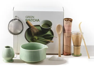 Matcha-Set 8-teilig, grün, japanisch, mit Bambusbesen & Schale