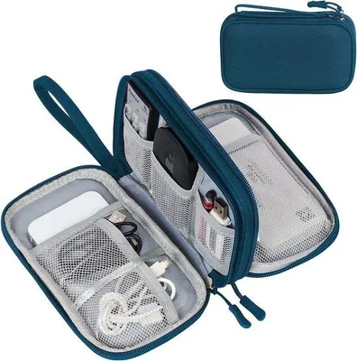 Zdjęcie produktu dla Unyqoos® Organizer kabli, torba 19 x 11 x 5,6 cm – wodoodporna torba z materiału Oxford, przeznaczona do przechowywania elektroniki, dwuwarstwowa, z 7 przegródkami siatkowymi, pętelką na nadgarstek, kolor: cyjan