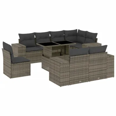 Produktbild von 9-tlg. Garten-Sofagarnitur mit Kissen Grau Poly Rattan