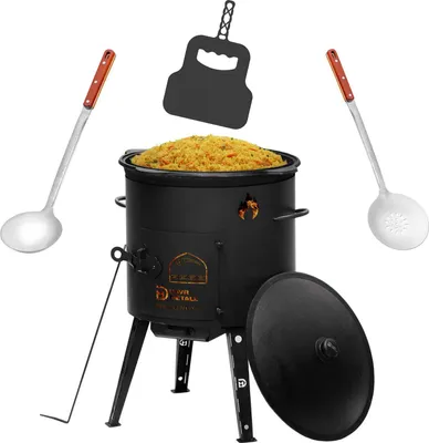 Produktbild von Ø49cm Uchag 2mm Stahl 22L Kazan Gusseisen Utschak WOK Feuerstelle Utschag Campingofen Kasan Feldküche Außenküche Eintopfofen mit Schaumkelle Suppenkelle Grillfächer