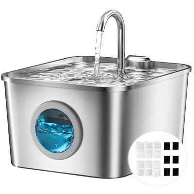 Produktbild von Katzenbrunnen Edelstahl Trinkbrunnen für Katze: 2,6L mit Kabel, Ultra leise Wasserbrunnen für Katzen mit LED, Aktivkohlefilter, 6 Filter + 6 Sponges