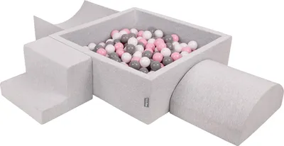 Obrázok produktu pre KiddyMoon Mäkké penové ihrisko pre deti s Štvorec loptičkovým ihriskom (300 ∅ 7 cm) s mäkkými prekážkami a loptičkovým bazénom,  vyrobené v EÚ, Svetlo šedá:Biela/Grey/Púdrovo ružová, Verz