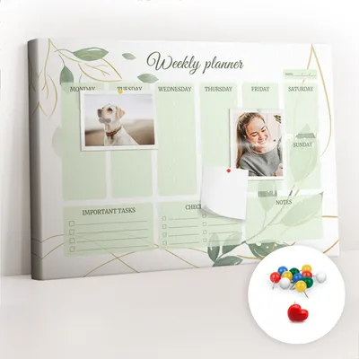 Obrázok produktu pre Korková tabuľa s kolíčkami - Tabuľa s kolíčkami na fotografie a poznámky - 60x40 cm - Farebné kolíky 100 ks - Týždenné plánovacie listy