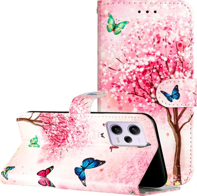 A pink floral pattern phone case with butterflies, shown open with a phone inside.
