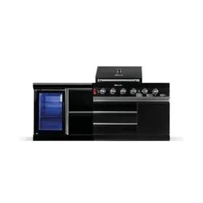 A black outdoor kitchen unit with a gas grill and a refrigerator is shown against a white background.
