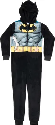 Produktbild von DC Comics Batman Kostüm für Jungen und Mädchen - Overall mit Kapuze für Kinder Onesie Jumpsuit Einteiler Uni Schwarz Karneval Halloween Cosplay Party 134-140