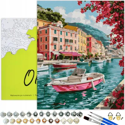 Produktbild von Malen nach Zahlen Erwachsene Landschaft Italien Hafen 50x40 - 28 Acrylfarben, Leinwand mit Holzrahmen, 3 Pinseln und Zubehör Oh Art!