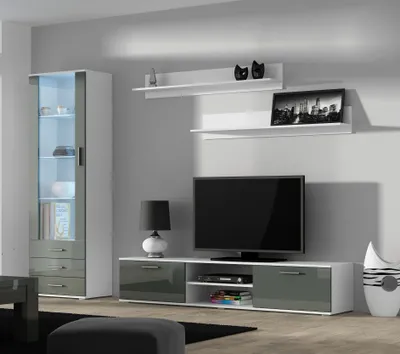 Produktbild von Furniture24 Wohnwand SOHO 1 mit Blauer LED Beleuchtung, Anbauwand, Wohnzimmerschrank, Schrankwand, Vitrine, Lowboard, Hängeregal Weiß/Grau Hochglanz