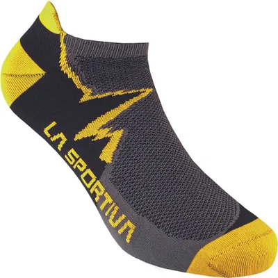 Schwarze und gelbe Wandersocken von La Sportiva; ideal für Klettern und Wandern.