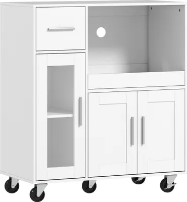 Produktbild von Küchenschrank auf Rädern, Mobile Küchenkommode mit Ablagen, Schubladen, verstellbarem Regal, Kabelloch, Weiß