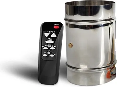 A remote control and a metal duct are shown against a white background.