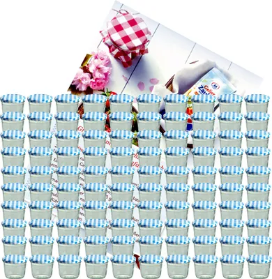 Produktbild von 100er Set Sturzglas 230 ml To 82 blau karierter Deckel incl. Diamant-Zucker Gelierzauber Rezeptheft