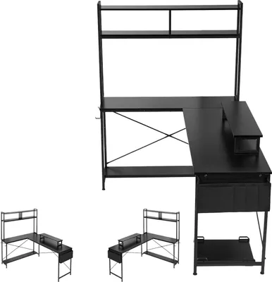 Image de Table gaming SucceBuy en L de 1,7 m avec support pour écran et support coulissant pour unité centrale, table d'angle avec une capacité de charge de 68 kg, table d'ordinateur pour bureau à domicile et poste de travail
