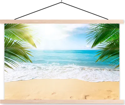 Produktbild von MuchoWow® Textilposter Strand - Sand - Meer - Palme 120x80 cm mit holzfarbenen Rahmen - Aufhängeset