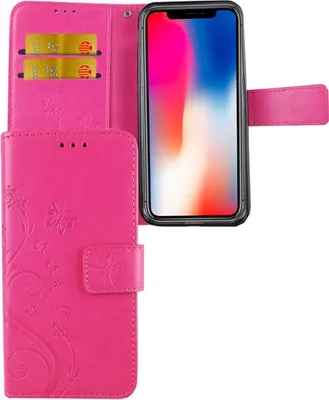 A pink flip phone case with a floral design and card slots, shown open with a smartphone inside.