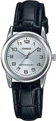A close-up studio shot of a Casio watch with a silver dial and black leather strap.