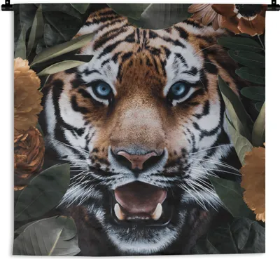 Produktbild von MuchoWow® Wandteppich Wandbehang Tiger - Blatt - Tiere 150x150 cm Tapisserie Dekoration Wandtuch - Wohnaccessoires - Modernes