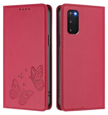 Image de Étui en cuir pour Samsung Galaxy S20 FE 5G, motif papillon, étui à rabat avec porte-appareil, rouge