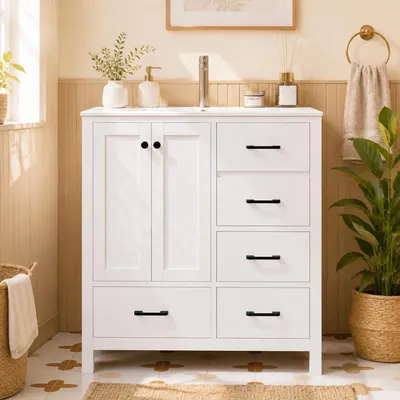 Produktbild von Freistehender Badezimmerwaschtisch Weiß 76x46x82cm 100% MDF, Keramik mit 4 Schubladen und Keramikbecken