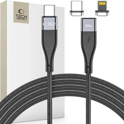 Immagine prodotto di cavo magnetico 2in1 USB-C compatibile con iPhone e USB-C 60W in nero 3A 1m