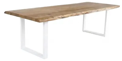 Produktbild von Baumkantentisch Cali 260 x 100 cm, Akazienholz massiv Eiche-Optik, 50 mm Tischplatte, Esstisch mit U-Metallgestell Weiß, Industrial-Design